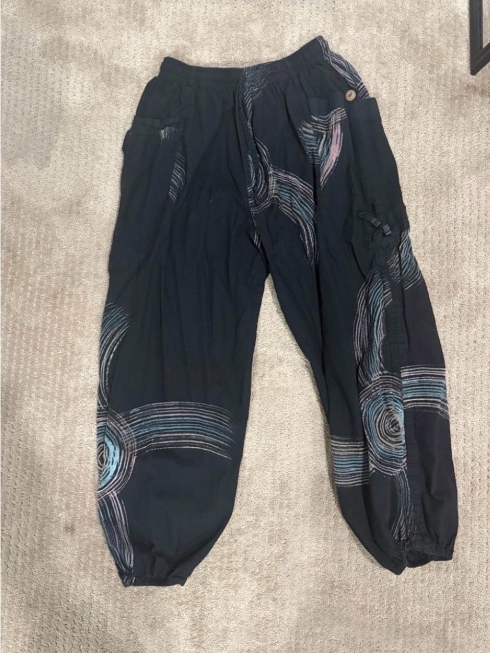 Black Cargo Harem Pants with Blue Accent Pattern
